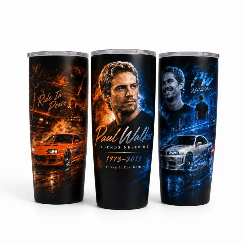 P@Ul W@Lker Memorial Tumbler with Handle & Straw, Ride in Peace Travel Cup, JDM Sports Car Racing Tribute Drinkware, Fast Car Lover Gift, Legacy Speed Heart Tumbler