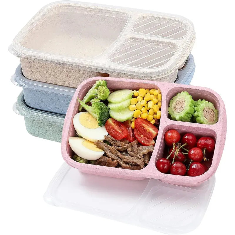 4 Pack Bento Lunch Box Set with 3 Compartments Wheat Straw Meal Prep Containers, Microwave and Dishwasher Safe (Light Colour)Gift