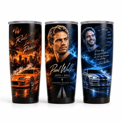 P@Ul W@Lker Memorial Tumbler with Handle & Straw, Ride in Peace Travel Cup, JDM Sports Car Racing Tribute Drinkware, Fast Car Lover Gift, Legacy Speed Heart Tumbler