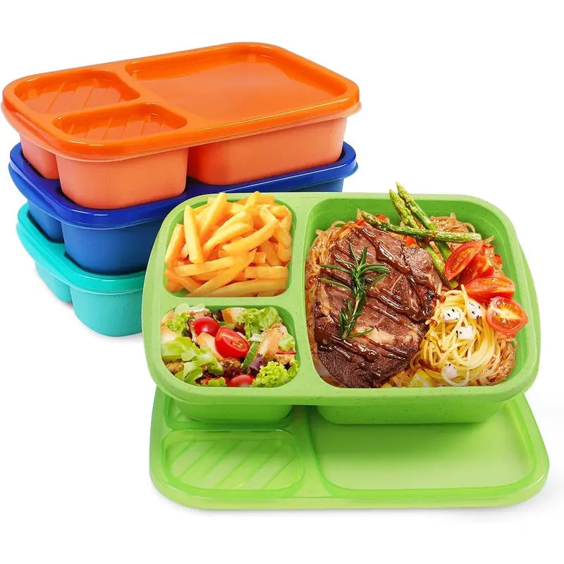 4 Pack Bento Lunch Box Set with 3 Compartments Wheat Straw Meal Prep Containers, Microwave and Dishwasher Safe (Light Colour)Gift