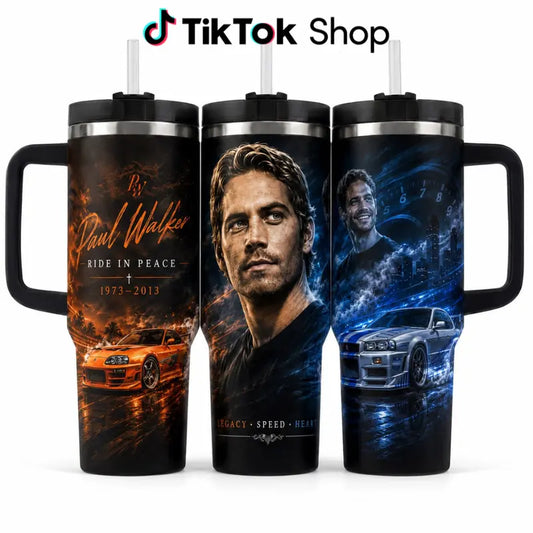 P@Ul W@Lker Memorial Tumbler with Handle & Straw, Ride in Peace Travel Cup, JDM Sports Car Racing Tribute Drinkware, Fast Car Lover Gift, Legacy Speed Heart Tumbler