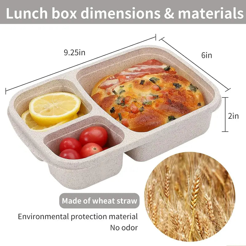 4 Pack Bento Lunch Box Set with 3 Compartments Wheat Straw Meal Prep Containers, Microwave and Dishwasher Safe (Light Colour)Gift