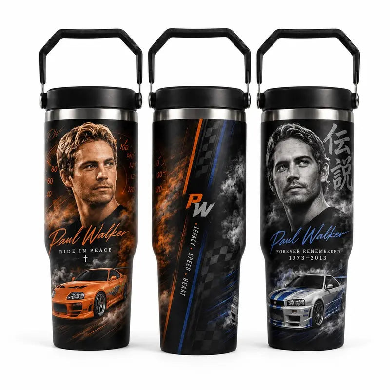 P@Ul W@Lker Memorial Tumbler with Handle & Straw, Ride in Peace Travel Cup, JDM Sports Car Racing Tribute Drinkware, Fast Car Lover Gift, Legacy Speed Heart Tumbler