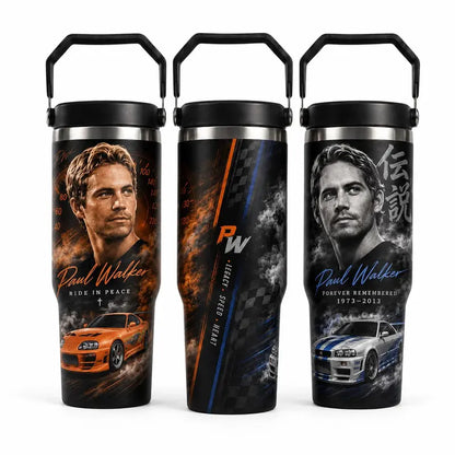 P@Ul W@Lker Memorial Tumbler with Handle & Straw, Ride in Peace Travel Cup, JDM Sports Car Racing Tribute Drinkware, Fast Car Lover Gift, Legacy Speed Heart Tumbler