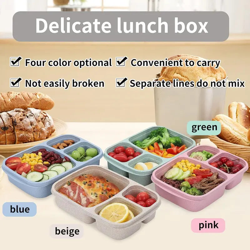 4 Pack Bento Lunch Box Set with 3 Compartments Wheat Straw Meal Prep Containers, Microwave and Dishwasher Safe (Light Colour)Gift