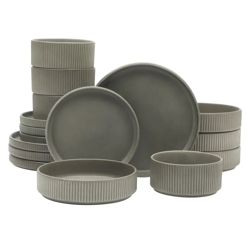 Gibson Elite Deerfield 16-Piece Stoneware Dinnerware Set – Stackable Plates and Bowls, Reactive Glaze Finish, Service for 4 – Microwave & Dishwasher Safe