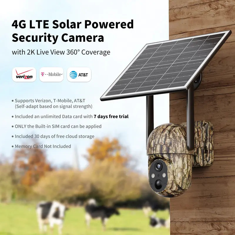 Professional Solar Outdoor Surveillance Camera with 4G LTE Connectivity, 2K Full Color Night Vision, 360° Coverage, AI Human Detection, IP65 Waterproof Rating, Unlimited Data Activation Required, Wall Mountable