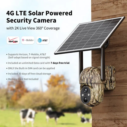Professional Solar Outdoor Surveillance Camera with 4G LTE Connectivity, 2K Full Color Night Vision, 360° Coverage, AI Human Detection, IP65 Waterproof Rating, Unlimited Data Activation Required, Wall Mountable