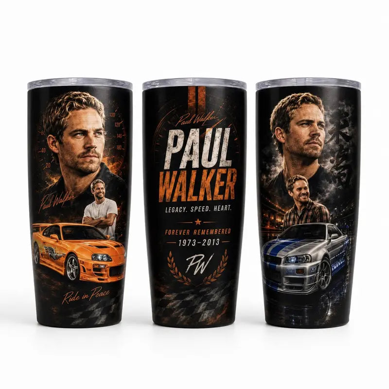 P@Ul W@Lker Memorial Tumbler with Handle & Straw, Ride in Peace Travel Cup, JDM Sports Car Racing Tribute Drinkware, Fast Car Lover Gift, Legacy Speed Heart Tumbler