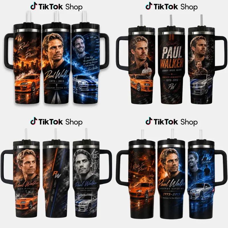 P@Ul W@Lker Memorial Tumbler with Handle & Straw, Ride in Peace Travel Cup, JDM Sports Car Racing Tribute Drinkware, Fast Car Lover Gift, Legacy Speed Heart Tumbler