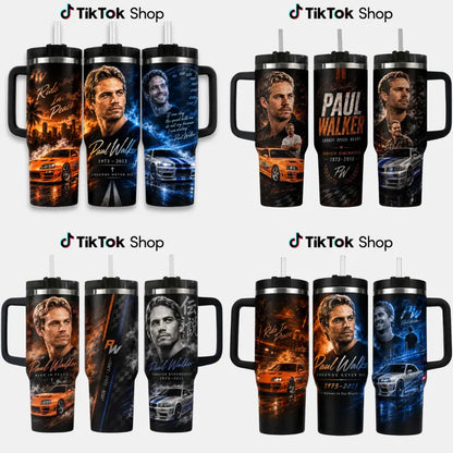 P@Ul W@Lker Memorial Tumbler with Handle & Straw, Ride in Peace Travel Cup, JDM Sports Car Racing Tribute Drinkware, Fast Car Lover Gift, Legacy Speed Heart Tumbler