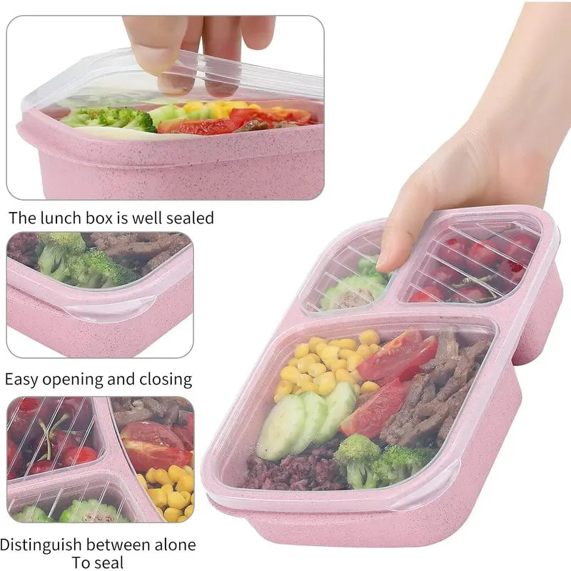 4 Pack Bento Lunch Box Set with 3 Compartments Wheat Straw Meal Prep Containers, Microwave and Dishwasher Safe (Light Colour)Gift