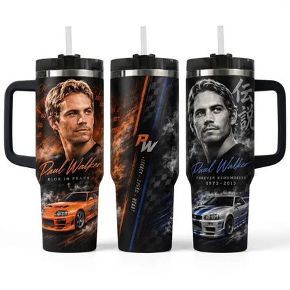 P@Ul W@Lker Memorial Tumbler with Handle & Straw, Ride in Peace Travel Cup, JDM Sports Car Racing Tribute Drinkware, Fast Car Lover Gift, Legacy Speed Heart Tumbler