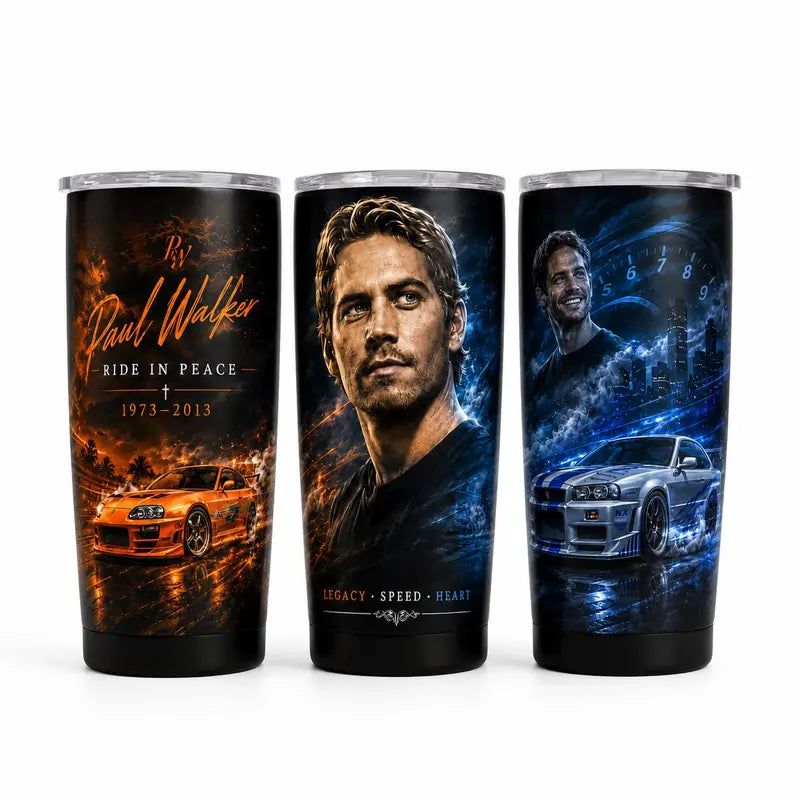 P@Ul W@Lker Memorial Tumbler with Handle & Straw, Ride in Peace Travel Cup, JDM Sports Car Racing Tribute Drinkware, Fast Car Lover Gift, Legacy Speed Heart Tumbler