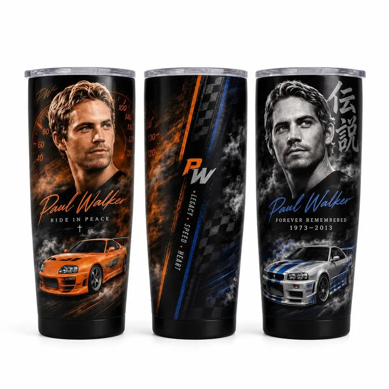 P@Ul W@Lker Memorial Tumbler with Handle & Straw, Ride in Peace Travel Cup, JDM Sports Car Racing Tribute Drinkware, Fast Car Lover Gift, Legacy Speed Heart Tumbler