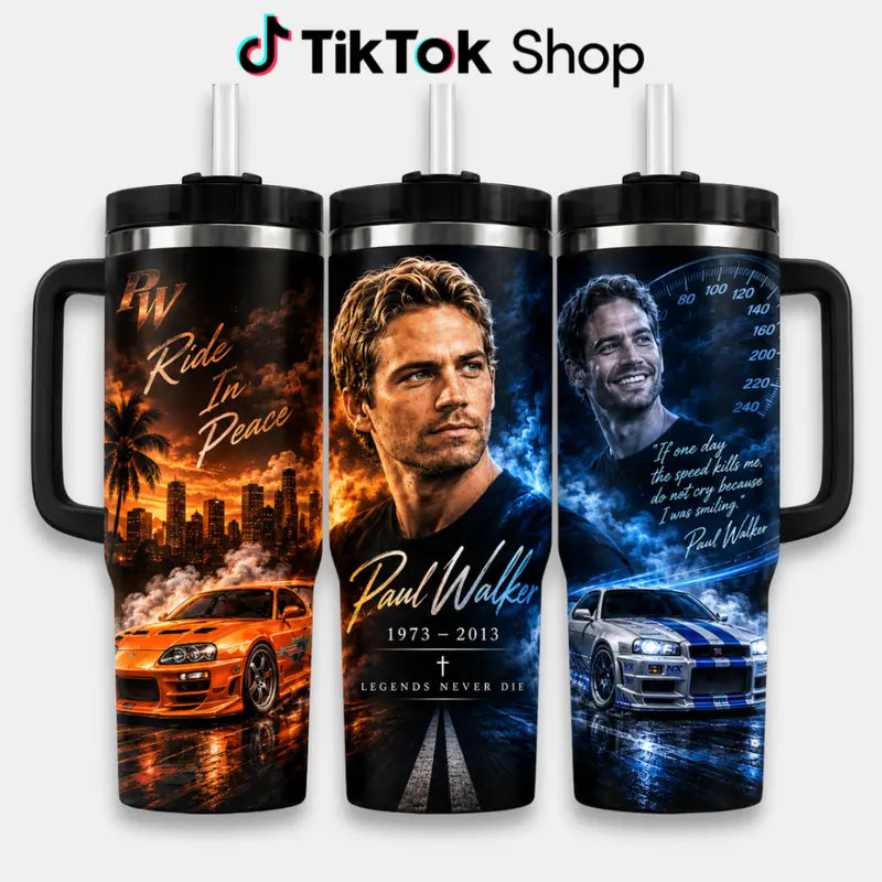 P@Ul W@Lker Memorial Tumbler with Handle & Straw, Ride in Peace Travel Cup, JDM Sports Car Racing Tribute Drinkware, Fast Car Lover Gift, Legacy Speed Heart Tumbler