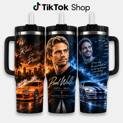 P@Ul W@Lker Memorial Tumbler with Handle & Straw, Ride in Peace Travel Cup, JDM Sports Car Racing Tribute Drinkware, Fast Car Lover Gift, Legacy Speed Heart Tumbler