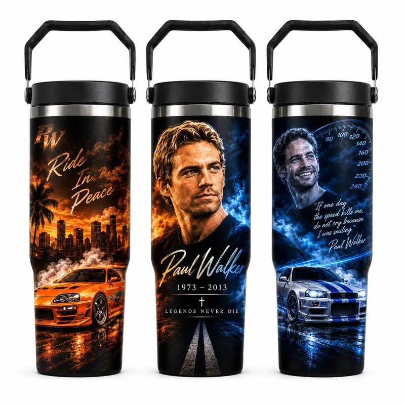 P@Ul W@Lker Memorial Tumbler with Handle & Straw, Ride in Peace Travel Cup, JDM Sports Car Racing Tribute Drinkware, Fast Car Lover Gift, Legacy Speed Heart Tumbler