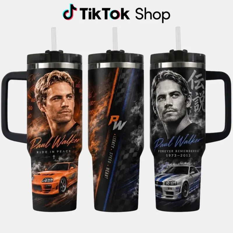 P@Ul W@Lker Memorial Tumbler with Handle & Straw, Ride in Peace Travel Cup, JDM Sports Car Racing Tribute Drinkware, Fast Car Lover Gift, Legacy Speed Heart Tumbler