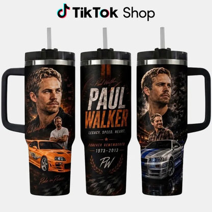 P@Ul W@Lker Memorial Tumbler with Handle & Straw, Ride in Peace Travel Cup, JDM Sports Car Racing Tribute Drinkware, Fast Car Lover Gift, Legacy Speed Heart Tumbler
