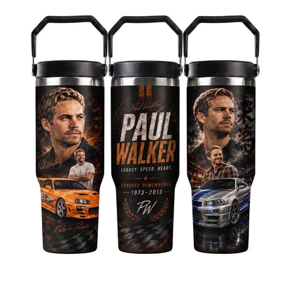 P@Ul W@Lker Memorial Tumbler with Handle & Straw, Ride in Peace Travel Cup, JDM Sports Car Racing Tribute Drinkware, Fast Car Lover Gift, Legacy Speed Heart Tumbler