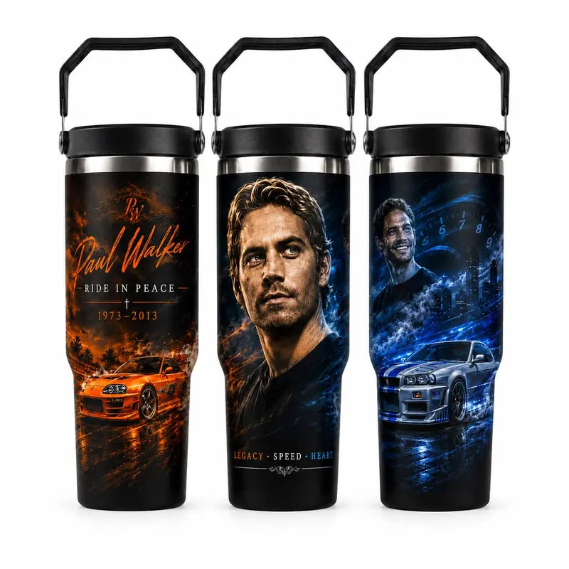 P@Ul W@Lker Memorial Tumbler with Handle & Straw, Ride in Peace Travel Cup, JDM Sports Car Racing Tribute Drinkware, Fast Car Lover Gift, Legacy Speed Heart Tumbler