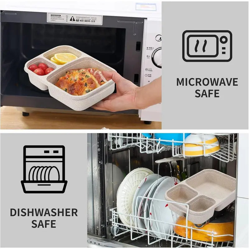 4 Pack Bento Lunch Box Set with 3 Compartments Wheat Straw Meal Prep Containers, Microwave and Dishwasher Safe (Light Colour)Gift