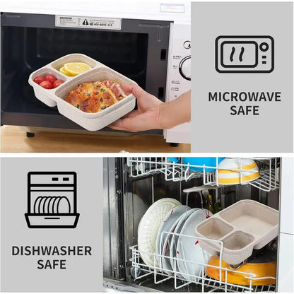 4 Pack Bento Lunch Box Set with 3 Compartments Wheat Straw Meal Prep Containers, Microwave and Dishwasher Safe (Light Colour)Gift