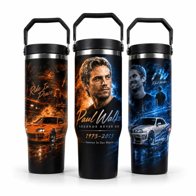 P@Ul W@Lker Memorial Tumbler with Handle & Straw, Ride in Peace Travel Cup, JDM Sports Car Racing Tribute Drinkware, Fast Car Lover Gift, Legacy Speed Heart Tumbler