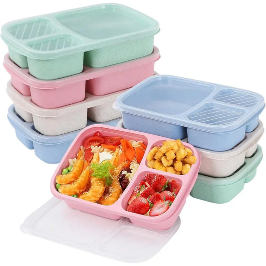 4 Pack Bento Lunch Box Set with 3 Compartments Wheat Straw Meal Prep Containers, Microwave and Dishwasher Safe (Light Colour)Gift