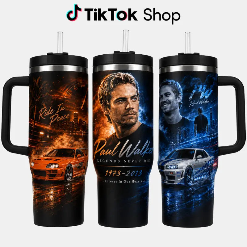 P@Ul W@Lker Memorial Tumbler with Handle & Straw, Ride in Peace Travel Cup, JDM Sports Car Racing Tribute Drinkware, Fast Car Lover Gift, Legacy Speed Heart Tumbler